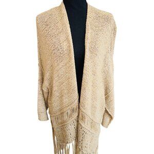 Zara Women Western Boho Open Knit Beige Open Front Cardigan Fringe M Cowgirl